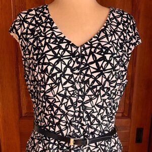 Anne Klein Black/White Geometric Fit & Flare Belted Midi Dress, Sz 12 EUC